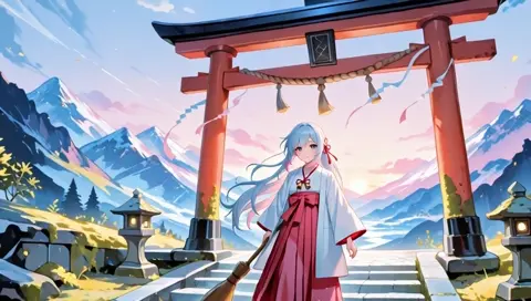 White Pink Hair Shrine Maiden Mountain Shrine