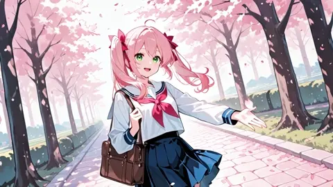 Pink Hair Twin Tails School Uniform Cherry Blossom