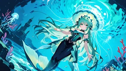 Seafoam Green Hair Mermaid Underwater Crystal Palace