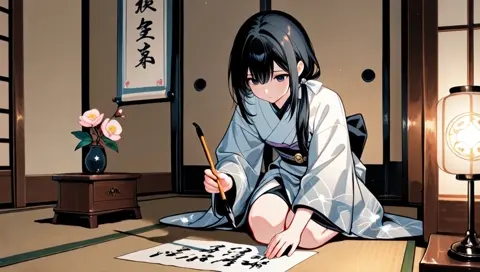 Calligraphy Tatami Kimono Black Hair