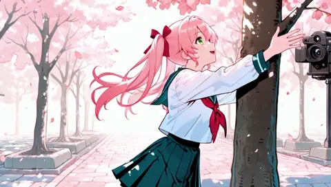 Pink Hair Twin Tails School Uniform Cherry Blossom