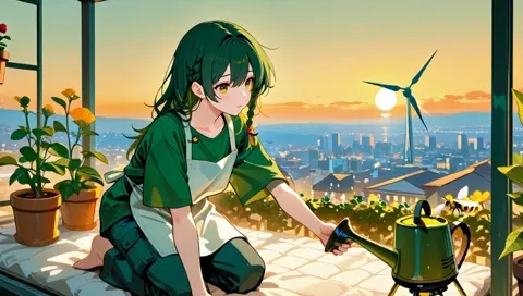 Rooftop Garden Future City Sunset Green Hair