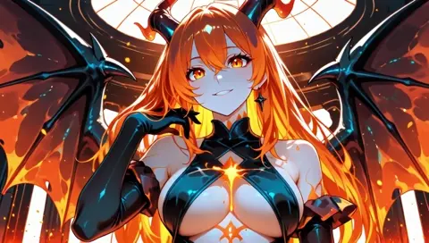 Flame Orange Hair Dragon Girl Horns Wings