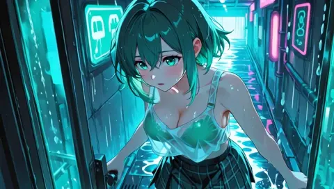 Green Hair School Uniform Wet Clothes See Through