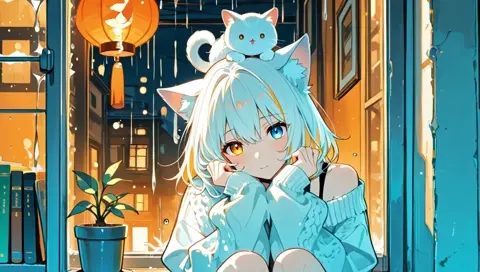 White Hair Cat Ears Heterochromia Cozy
