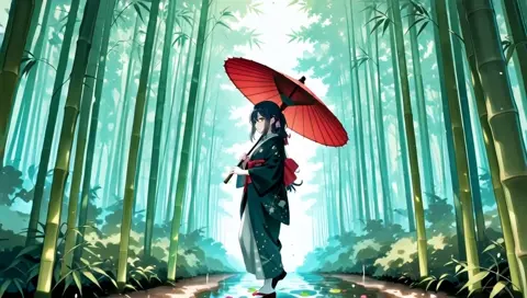 Bamboo Forest Rain Umbrella Walking