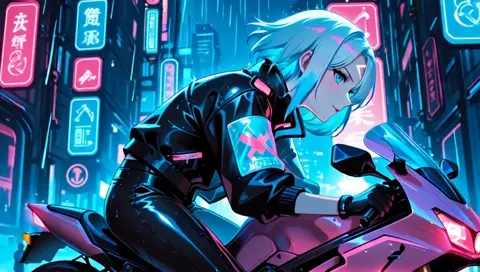 Cyberpunk Motorcycle Neon Rain